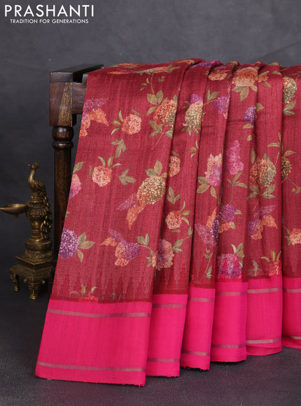 Pure tussar silk saree maroon and pink with allover floral prints and temple design rettapet zari woven border