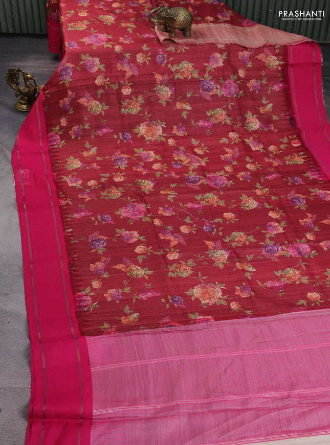 Pure tussar silk saree maroon and pink with allover floral prints and temple design rettapet zari woven border