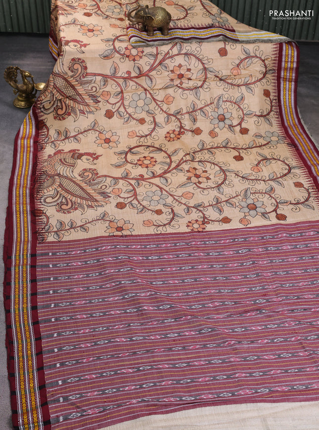 Pure tussar silk saree pale orange and maroon with allover kalamkari prints and temple design vidharba border