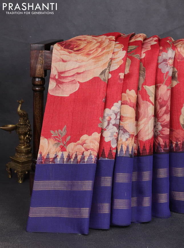 Pure tussar silk saree red and blue with allover floral prints and temple design zari woven border