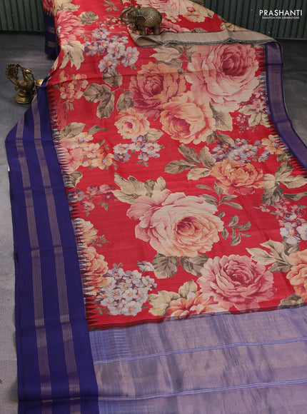 Pure tussar silk saree red and blue with allover floral prints and temple design zari woven border