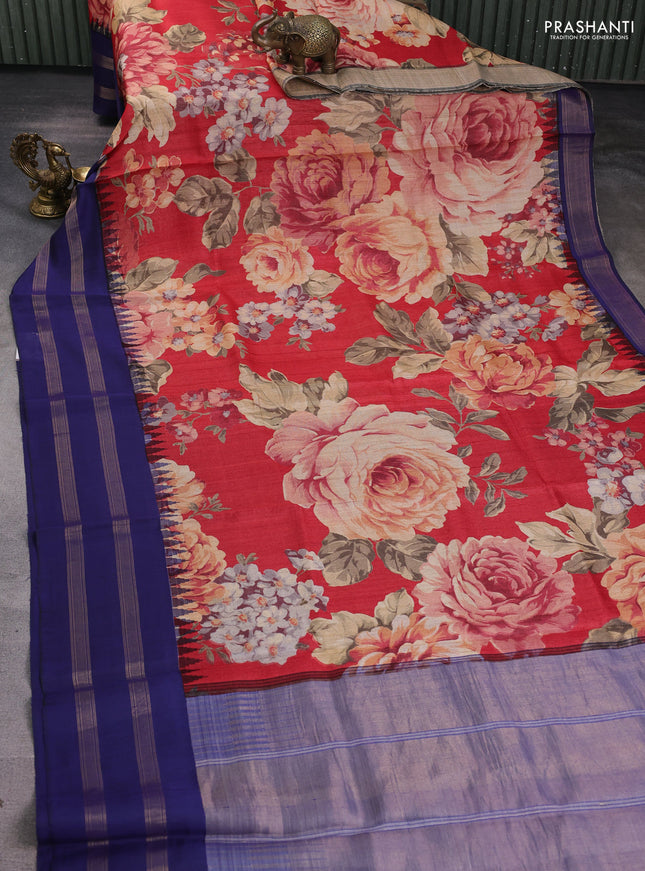 Pure tussar silk saree red and blue with allover floral prints and temple design zari woven border