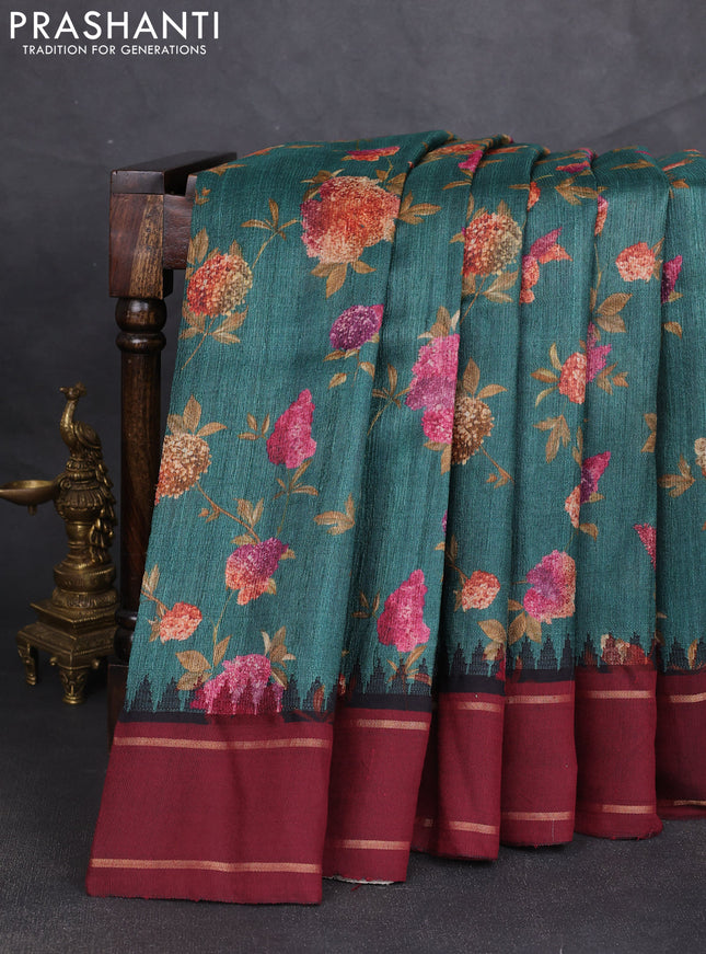Pure tussar silk saree green and maroon with allover floral prints and temple design rettapet zari woven border