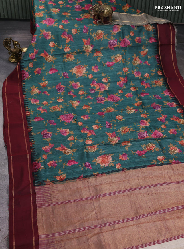 Pure tussar silk saree green and maroon with allover floral prints and temple design rettapet zari woven border
