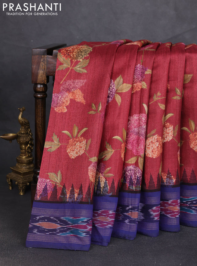 Pure tussar silk saree maroon and blue with allover floral prints and temple design zari woven ikat border