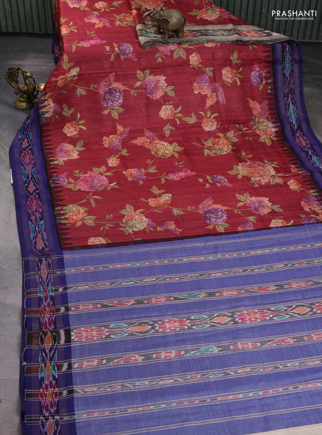 Pure tussar silk saree maroon and blue with allover floral prints and temple design zari woven ikat border