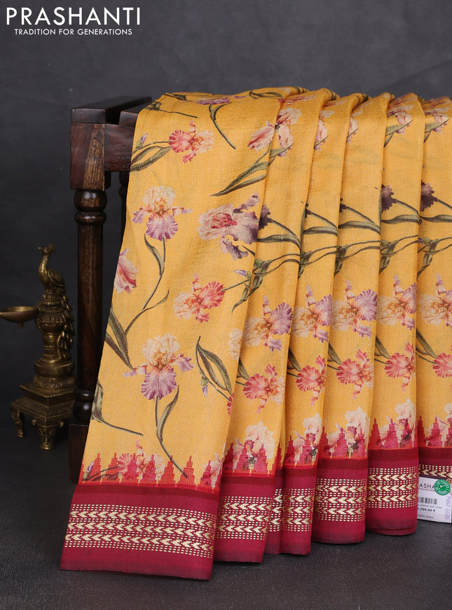 Pure tussar silk saree yellow and reddish pink with allover floral prints and temple design vidharba border