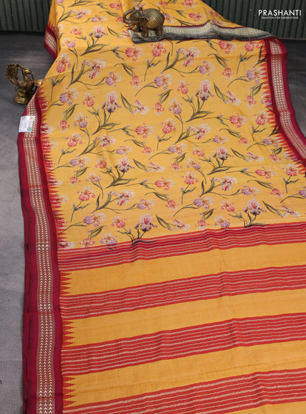 Pure tussar silk saree yellow and reddish pink with allover floral prints and temple design vidharba border