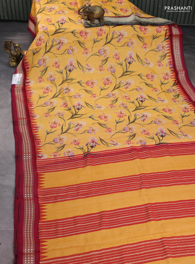 Pure tussar silk saree yellow and reddish pink with allover floral prints and temple design vidharba border