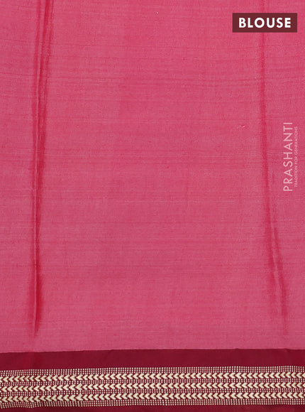 Pure tussar silk saree yellow and reddish pink with allover floral prints and temple design vidharba border