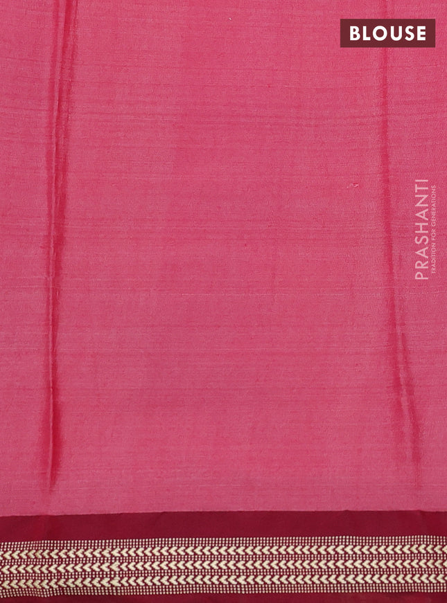 Pure tussar silk saree yellow and reddish pink with allover floral prints and temple design vidharba border