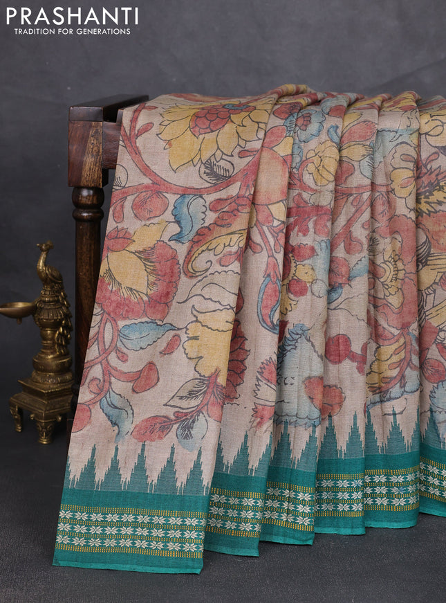 Pure tussar silk saree beige and teal green with allover penkalamkari prints and temple design vidharba border