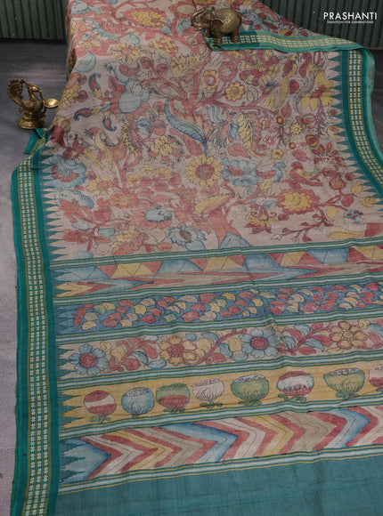 Pure tussar silk saree beige and teal green with allover penkalamkari prints and temple design vidharba border