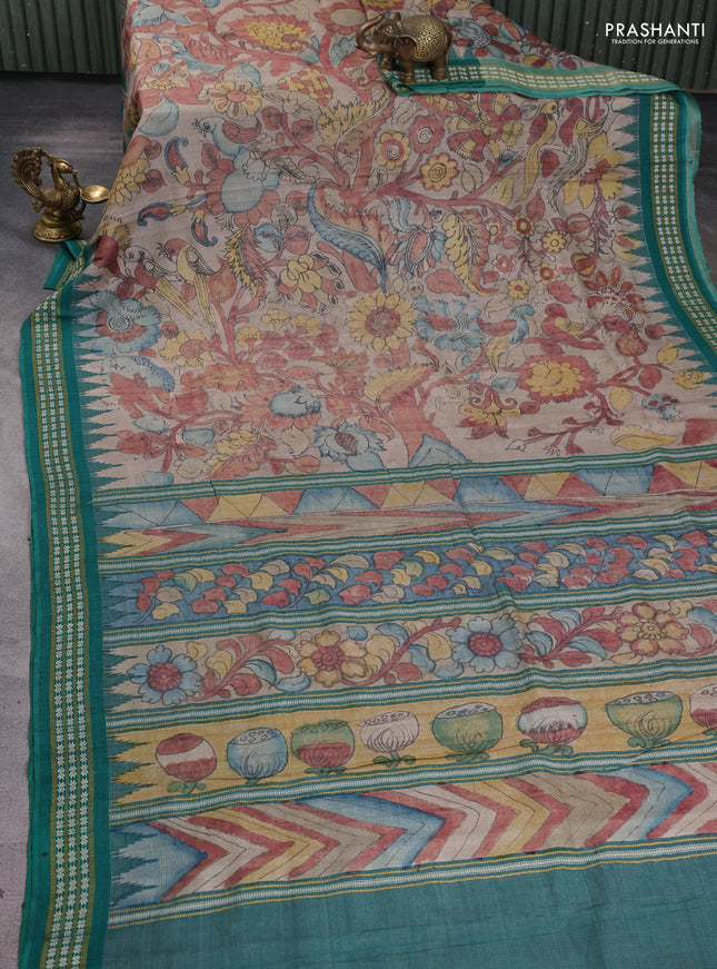 Pure tussar silk saree beige and teal green with allover penkalamkari prints and temple design vidharba border