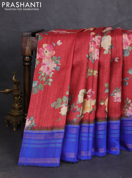 Pure tussar silk saree maroon and blue with allover floral prints and temple design rettapet zari woven border