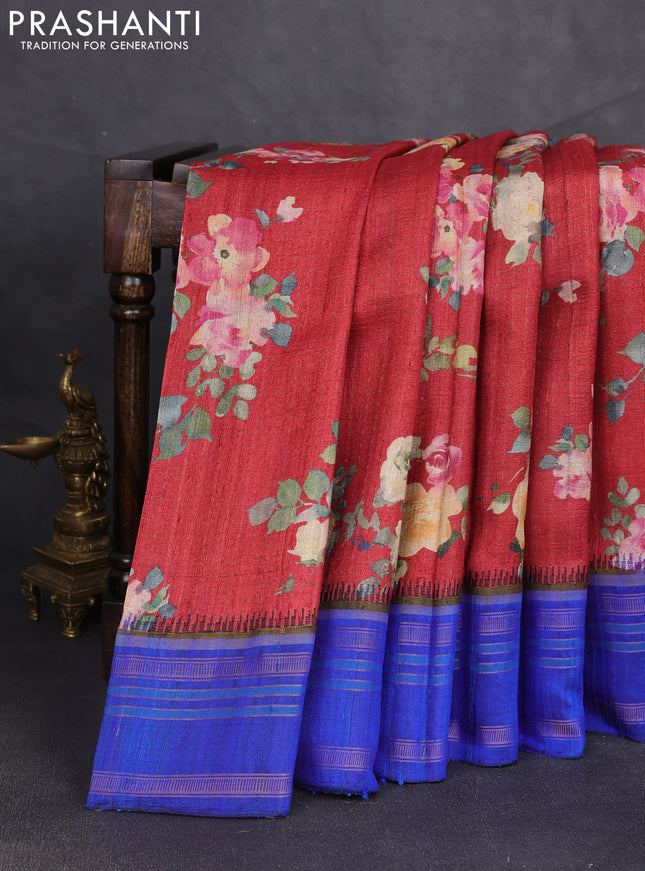 Pure tussar silk saree maroon and blue with allover floral prints and temple design rettapet zari woven border