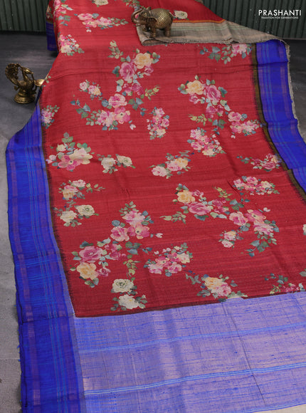 Pure tussar silk saree maroon and blue with allover floral prints and temple design rettapet zari woven border