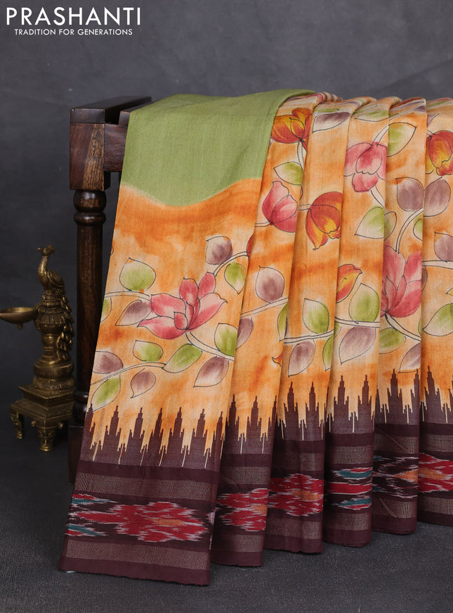 Pure tussar silk saree orange and deep maroon with allover kalamkari prints and temple design zari woven ikat border