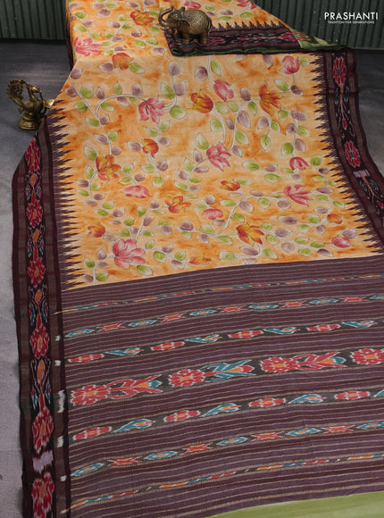Pure tussar silk saree orange and deep maroon with allover kalamkari prints and temple design zari woven ikat border