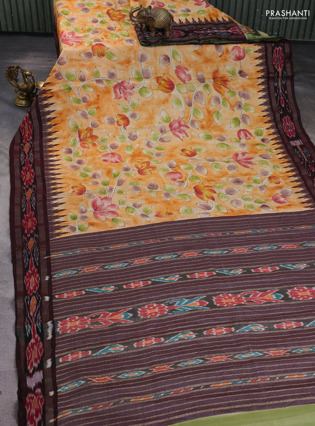 Pure tussar silk saree orange and deep maroon with allover kalamkari prints and temple design zari woven ikat border