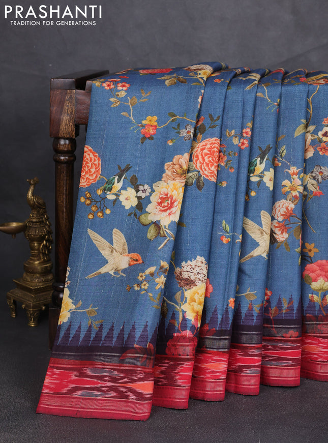 Pure tussar silk saree blue shade and red with allover floral prints and temple design zari woven ikat border