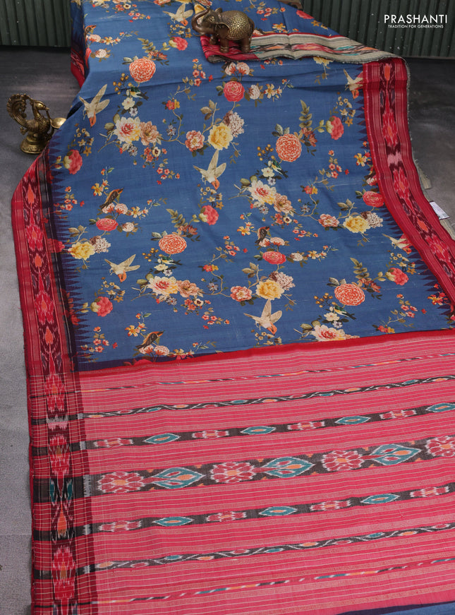 Pure tussar silk saree blue shade and red with allover floral prints and temple design zari woven ikat border