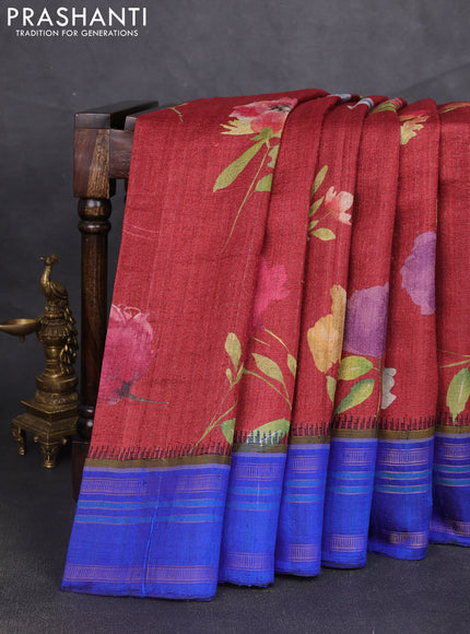 Pure tussar silk saree maroon and blue with allover floral prints and temple design rettapet zari woven border