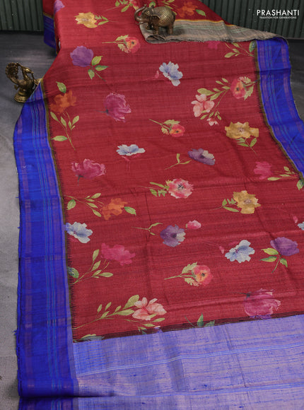 Pure tussar silk saree maroon and blue with allover floral prints and temple design rettapet zari woven border