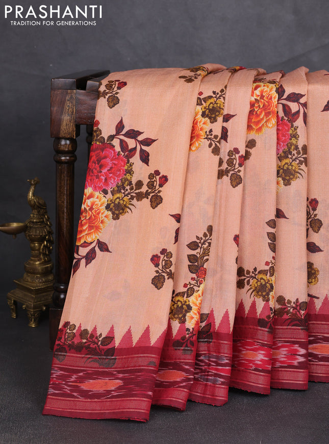 Pure tussar silk saree pale orange and maroon with allover floral prints and temple design zari woven ikat border