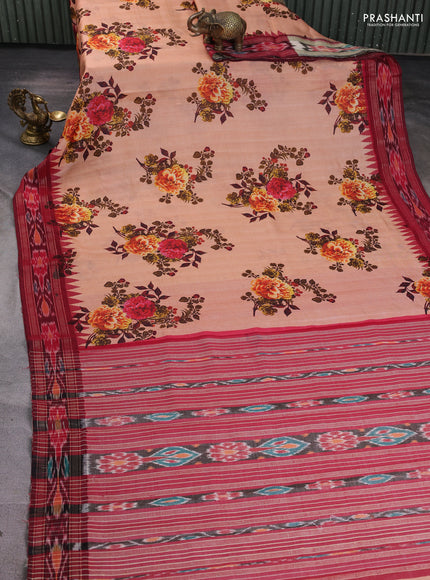 Pure tussar silk saree pale orange and maroon with allover floral prints and temple design zari woven ikat border