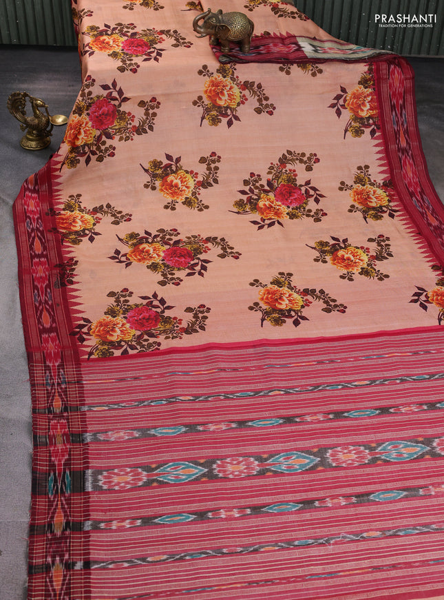 Pure tussar silk saree pale orange and maroon with allover floral prints and temple design zari woven ikat border