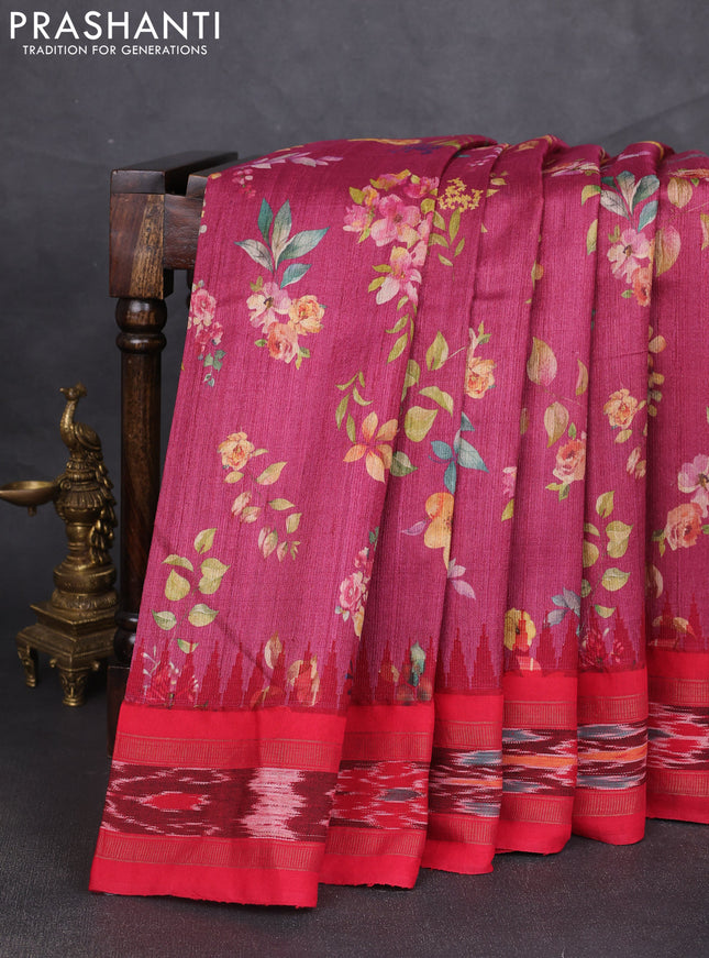Pure tussar silk saree dark pink and red with allover floral prints and temple design zari woven ikat border