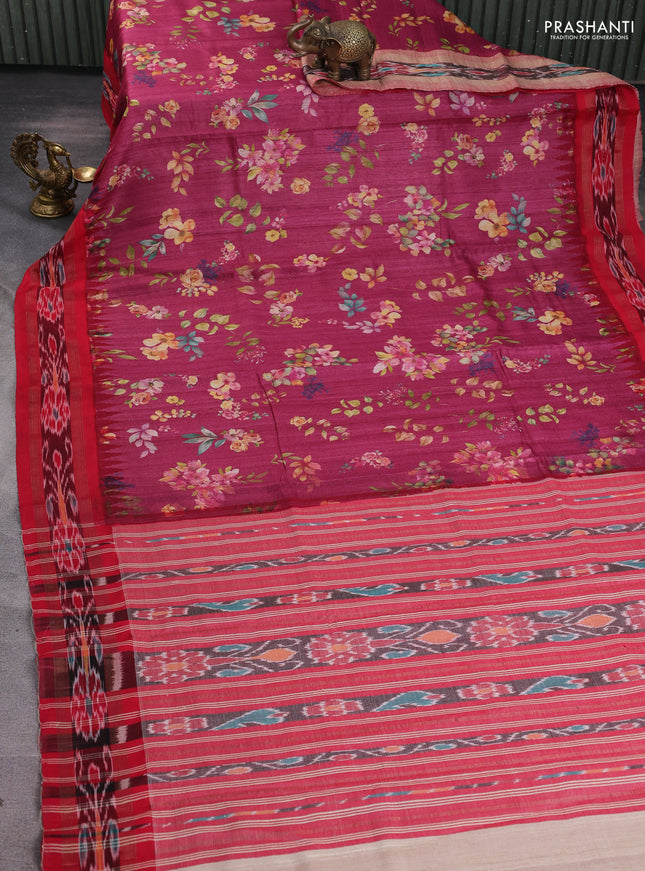 Pure tussar silk saree dark pink and red with allover floral prints and temple design zari woven ikat border