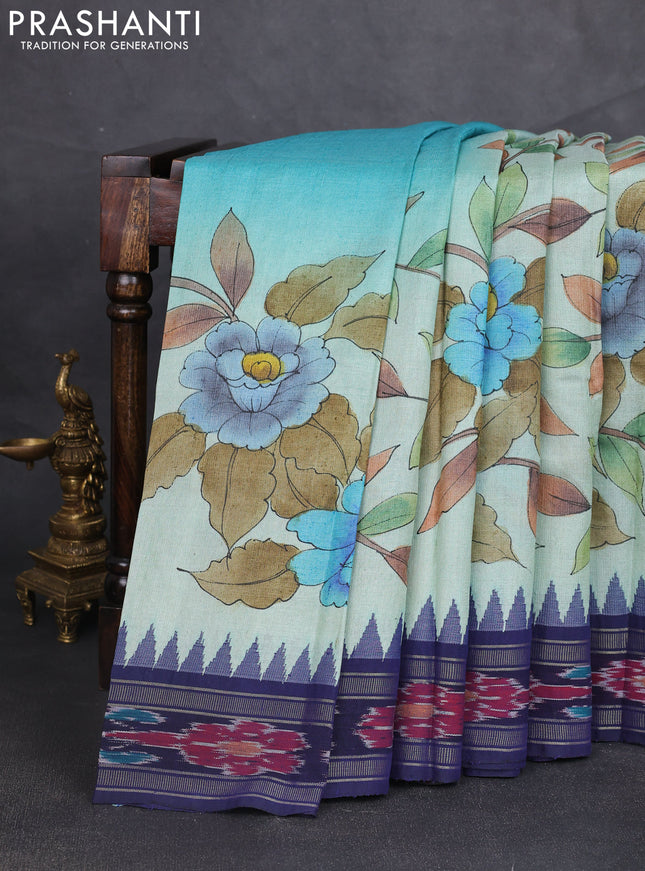 Pure tussar silk saree pastel green and navy blue with allover kalamkari hand painted prints and temple design zari woven ikat border