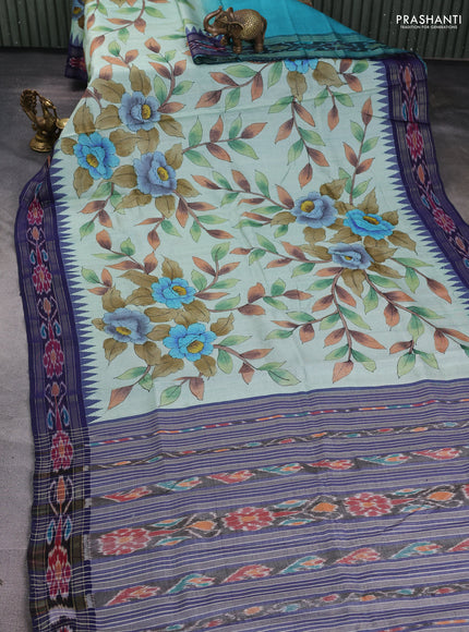 Pure tussar silk saree pastel green and navy blue with allover kalamkari hand painted prints and temple design zari woven ikat border