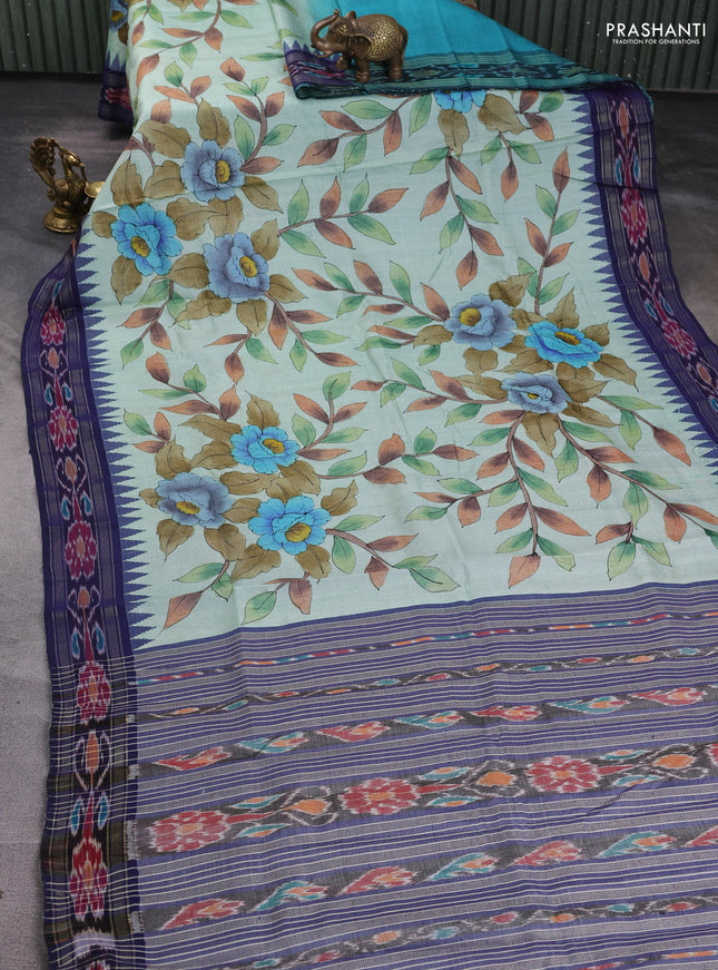 Pure tussar silk saree pastel green and navy blue with allover kalamkari hand painted prints and temple design zari woven ikat border