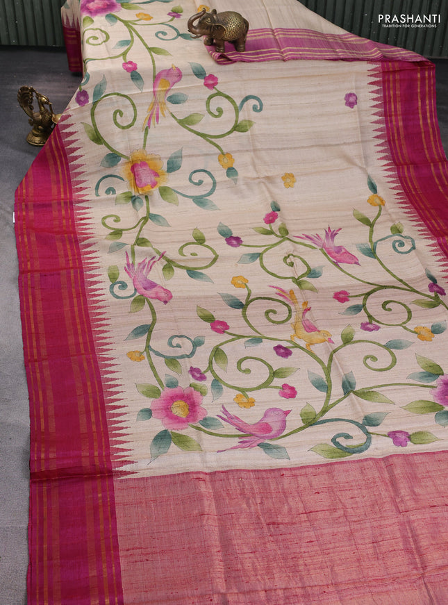 Pure tussar silk saree beige and magenta pink with allover kalamkari hand painted prints and temple design rettatpet zari woven border