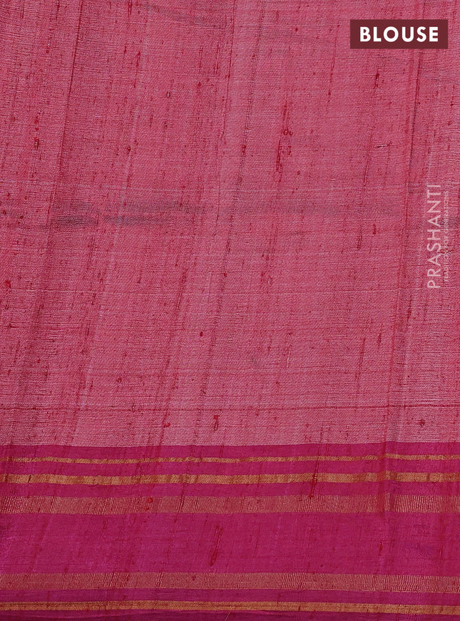 Pure tussar silk saree beige and magenta pink with allover kalamkari hand painted prints and temple design rettatpet zari woven border
