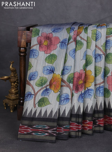 Pure tussar silk saree grey and black with allover kalamkari hand painted prints and temple design zari woven ikat border
