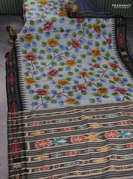 Pure tussar silk saree grey and black with allover kalamkari hand painted prints and temple design zari woven ikat border