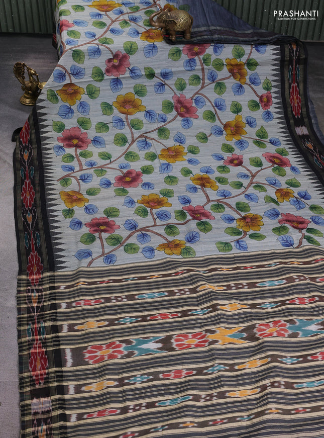 Pure tussar silk saree grey and black with allover kalamkari hand painted prints and temple design zari woven ikat border
