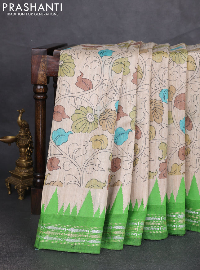 Pure tussar silk saree beige and light green with allover kalamkari prints and temple design virdharbha border