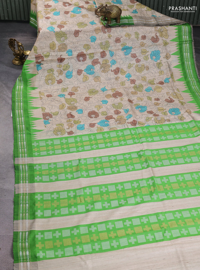 Pure tussar silk saree beige and light green with allover kalamkari prints and temple design virdharbha border