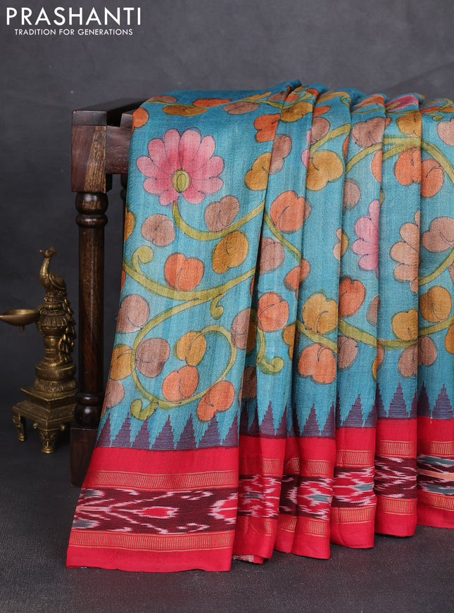 Pure tussar silk saree cs blue and red with allover kalamkari hand painted prints and temple design zari woven ikat border