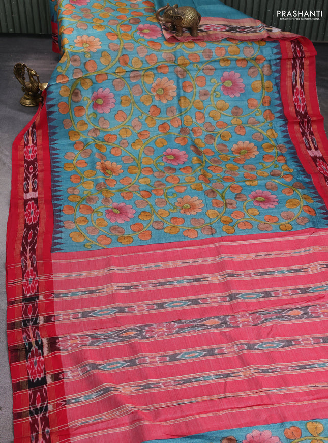 Pure tussar silk saree cs blue and red with allover kalamkari hand painted prints and temple design zari woven ikat border