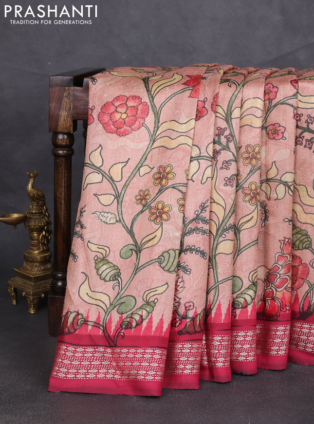 Pure tussar silk saree peach shade and dark pink with allover kalamkari prints and temple design virdharbha border