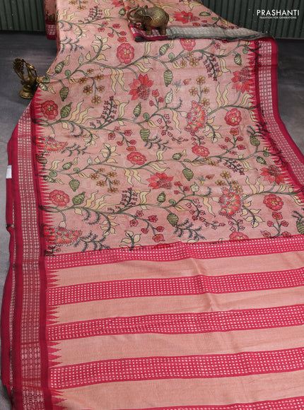 Pure tussar silk saree peach shade and dark pink with allover kalamkari prints and temple design virdharbha border