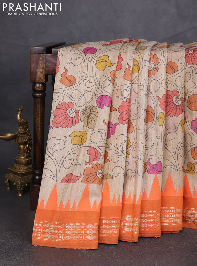 Pure tussar silk saree beige and orange with allover kalamkari prints and temple design virdharbha border