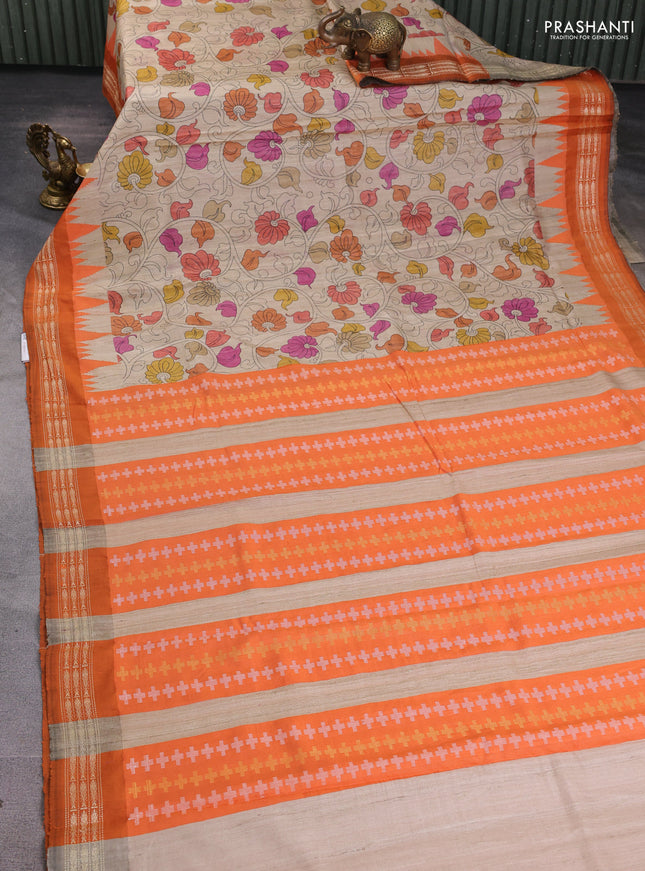 Pure tussar silk saree beige and orange with allover kalamkari prints and temple design virdharbha border