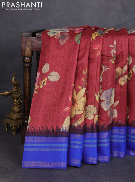 Pure tussar silk saree maroon and royal blue with allover floral prints and temple design rettatpet zari woven border